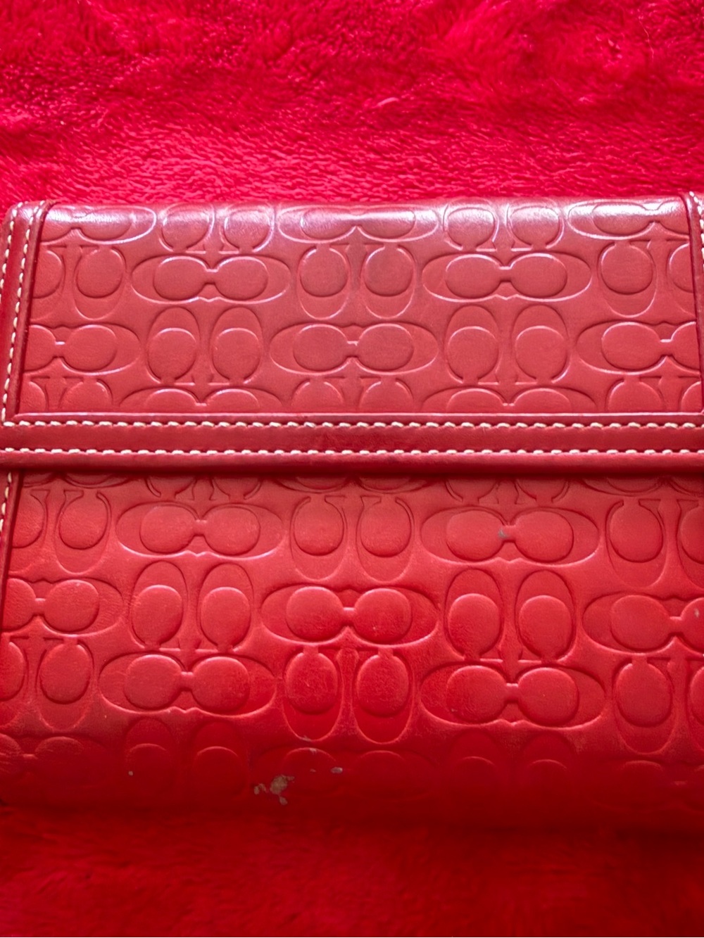 COACH Vintage Red Embossed Signature C Leather Medium French Purse Bifold Wallet